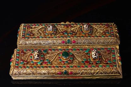 9"Tibetan Temple Collection Old Scripture Tibetan silver Gilt Mosaic Gem Buddhist Scriptures Chanting Amulet Exorcism