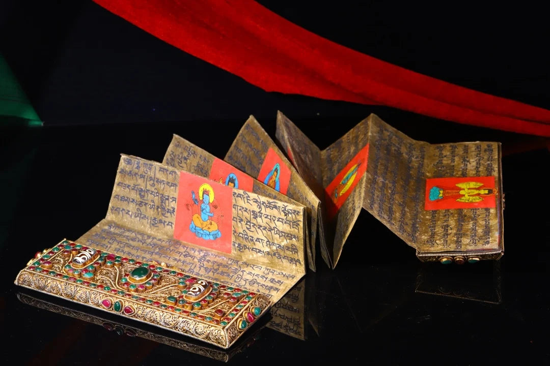 9"Tibetan Temple Collection Old Scripture Tibetan silver Gilt Mosaic Gem Buddhist Scriptures Chanting Amulet Exorcism