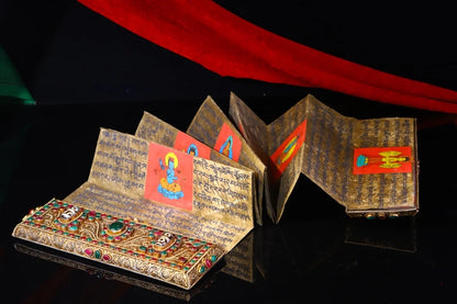 9"Tibetan Temple Collection Old Scripture Tibetan silver Gilt Mosaic Gem Buddhist Scriptures Chanting Amulet Exorcism
