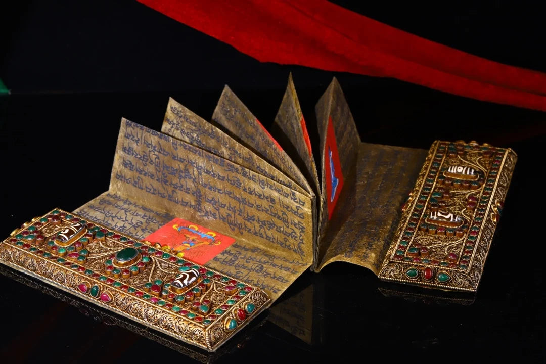 9"Tibetan Temple Collection Old Scripture Tibetan silver Gilt Mosaic Gem Buddhist Scriptures Chanting Amulet Exorcism