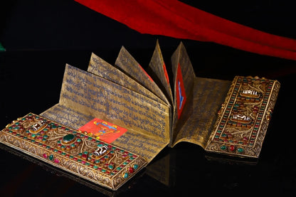9"Tibetan Temple Collection Old Scripture Tibetan silver Gilt Mosaic Gem Buddhist Scriptures Chanting Amulet Exorcism