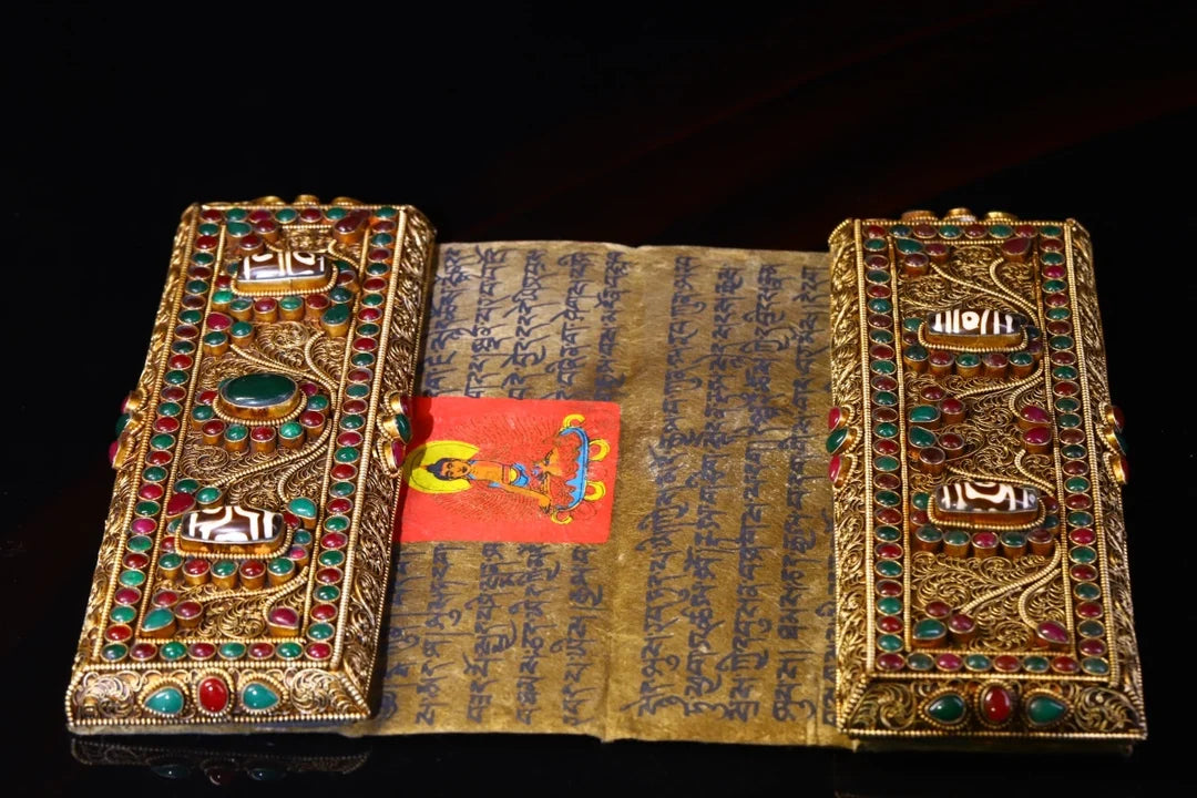9"Tibetan Temple Collection Old Scripture Tibetan silver Gilt Mosaic Gem Buddhist Scriptures Chanting Amulet Exorcism