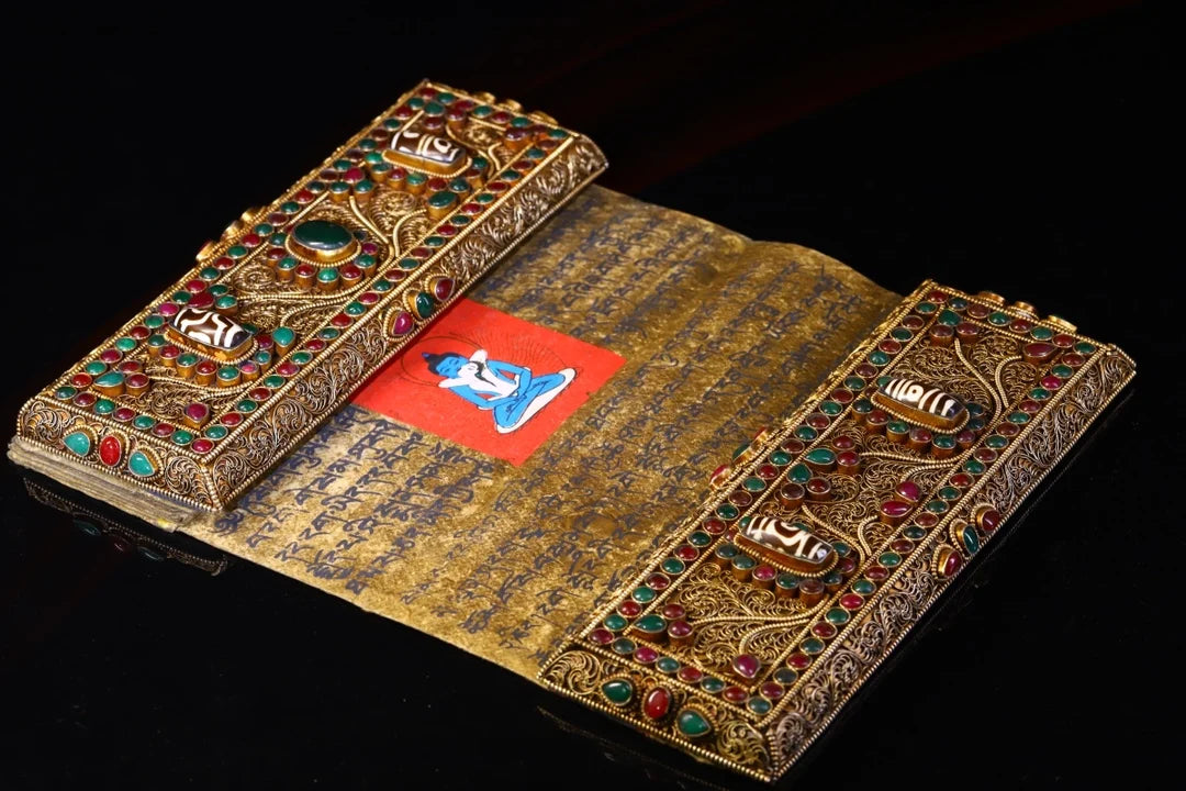 9"Tibetan Temple Collection Old Scripture Tibetan silver Gilt Mosaic Gem Buddhist Scriptures Chanting Amulet Exorcism