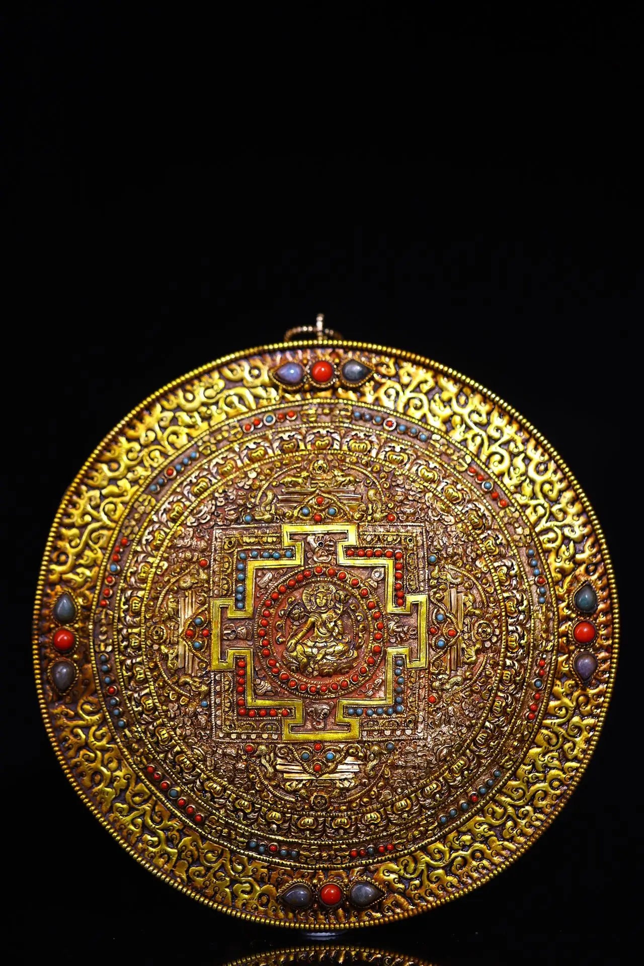 9"Tibetan Temple Collection Old Tibetan silver Gilded filigree Mosaic Gem Green Tara Buddha Statue Thangka Mandala Town house