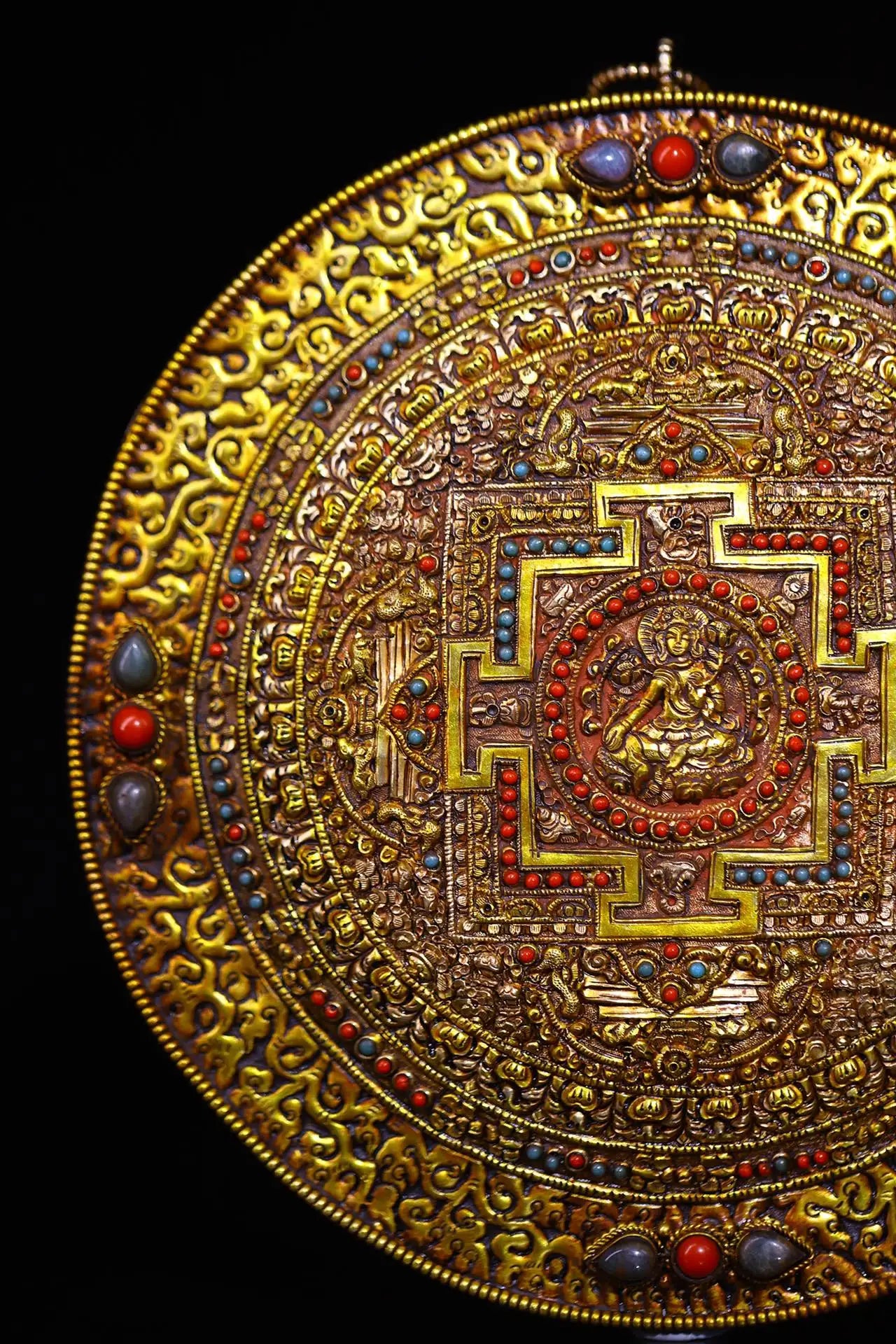 9"Tibetan Temple Collection Old Tibetan silver Gilded filigree Mosaic Gem Green Tara Buddha Statue Thangka Mandala Town house