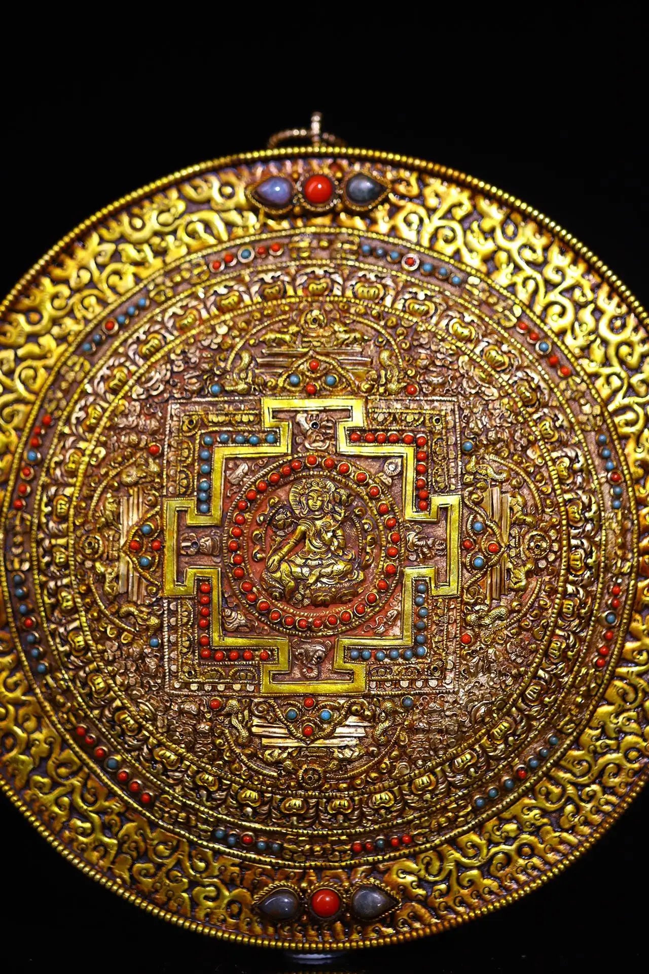 9"Tibetan Temple Collection Old Tibetan silver Gilded filigree Mosaic Gem Green Tara Buddha Statue Thangka Mandala Town house