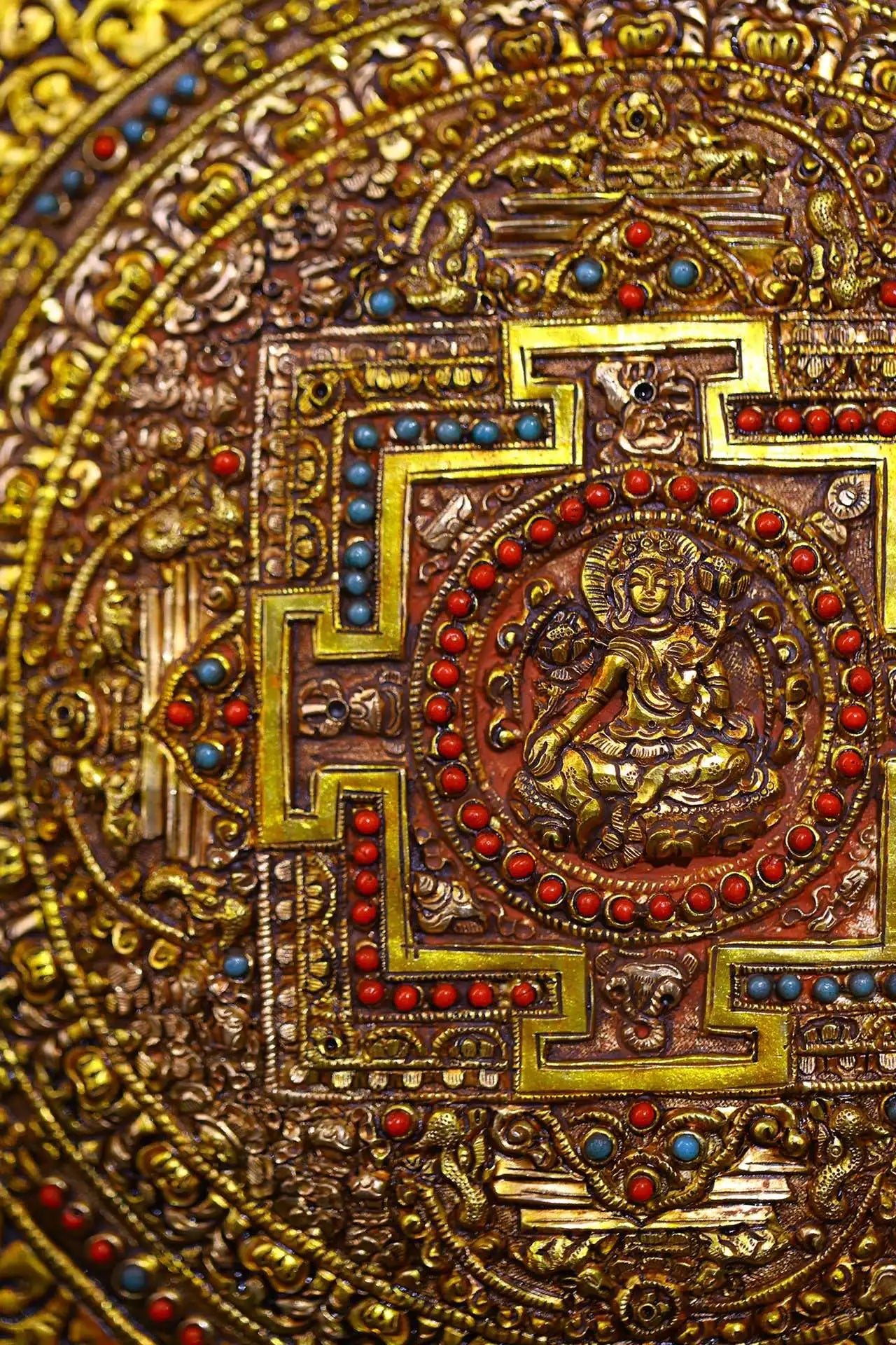 9"Tibetan Temple Collection Old Tibetan silver Gilded filigree Mosaic Gem Green Tara Buddha Statue Thangka Mandala Town house