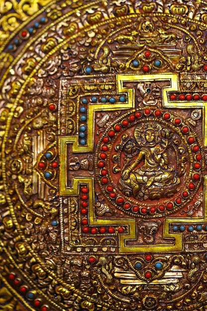 9"Tibetan Temple Collection Old Tibetan silver Gilded filigree Mosaic Gem Green Tara Buddha Statue Thangka Mandala Town house