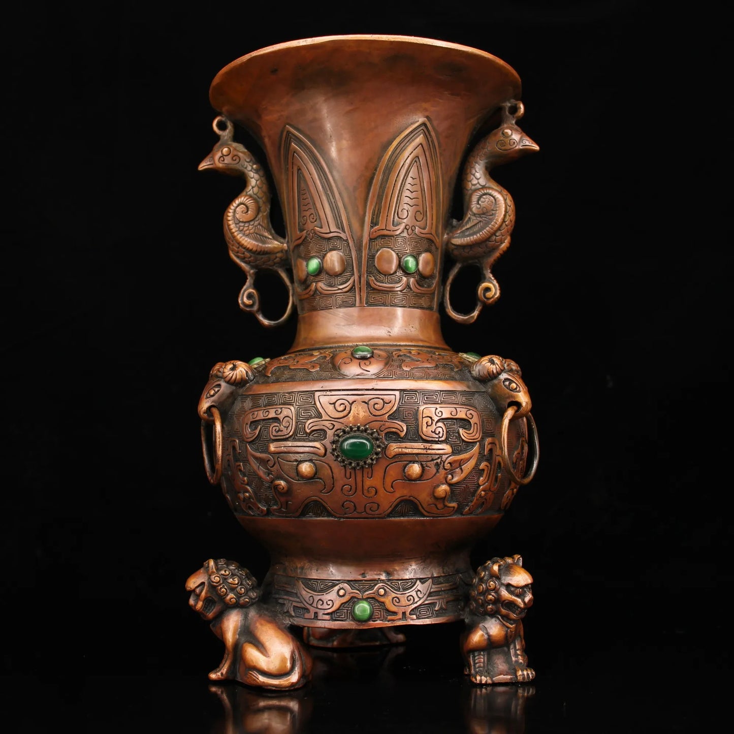 9"Tibetan Temple Collection Old Tibetan silver Gilt Mosaic Gem Four sided lion Vase bocksbeutel Town house Exorcism