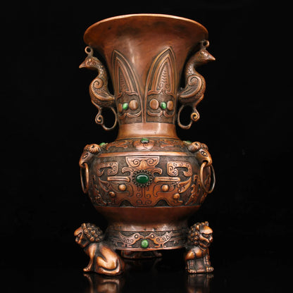 9"Tibetan Temple Collection Old Tibetan silver Gilt Mosaic Gem Four sided lion Vase bocksbeutel Town house Exorcism