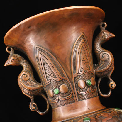 9"Tibetan Temple Collection Old Tibetan silver Gilt Mosaic Gem Four sided lion Vase bocksbeutel Town house Exorcism
