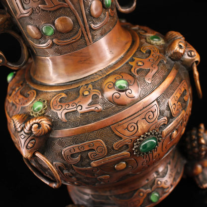 9"Tibetan Temple Collection Old Tibetan silver Gilt Mosaic Gem Four sided lion Vase bocksbeutel Town house Exorcism