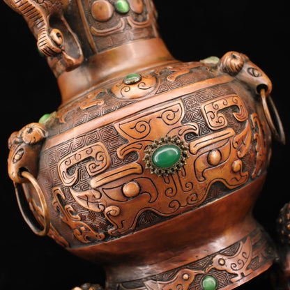 9"Tibetan Temple Collection Old Tibetan silver Gilt Mosaic Gem Four sided lion Vase bocksbeutel Town house Exorcism