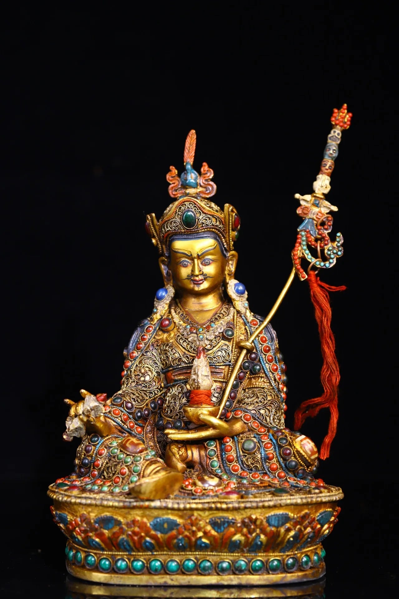 9"Tibetan Temple Collection Old Tibetan silver Outline in gold Painted Mosaic Gem gZi Beads Padmasambhava Buddha Worship Hall