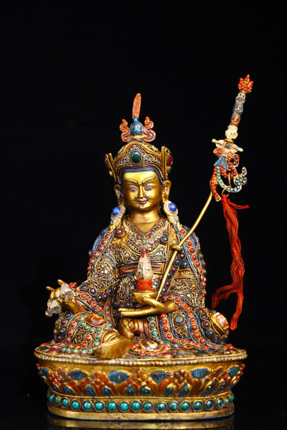 9"Tibetan Temple Collection Old Tibetan silver Outline in gold Painted Mosaic Gem gZi Beads Padmasambhava Buddha Worship Hall