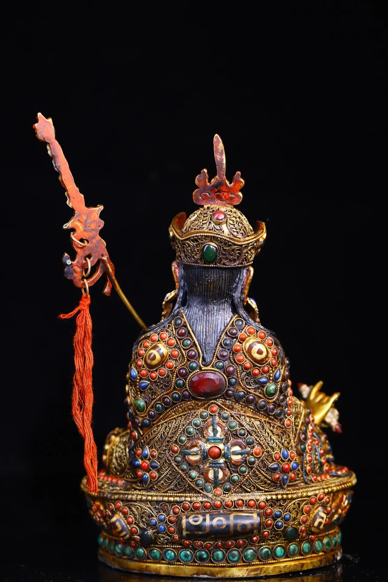 9"Tibetan Temple Collection Old Tibetan silver Outline in gold Painted Mosaic Gem gZi Beads Padmasambhava Buddha Worship Hall