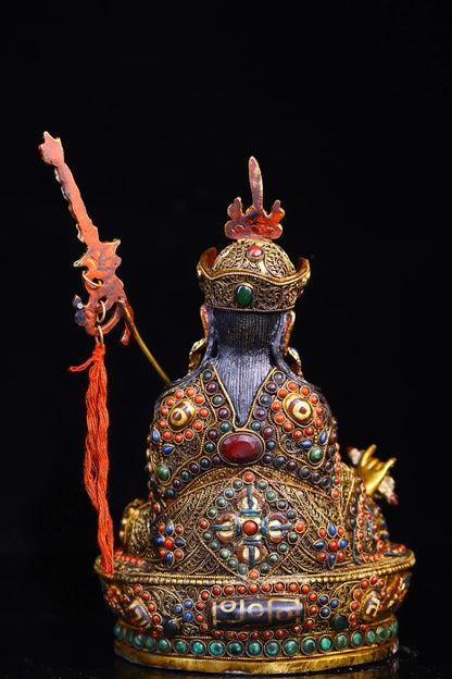 9"Tibetan Temple Collection Old Tibetan silver Outline in gold Painted Mosaic Gem gZi Beads Padmasambhava Buddha Worship Hall