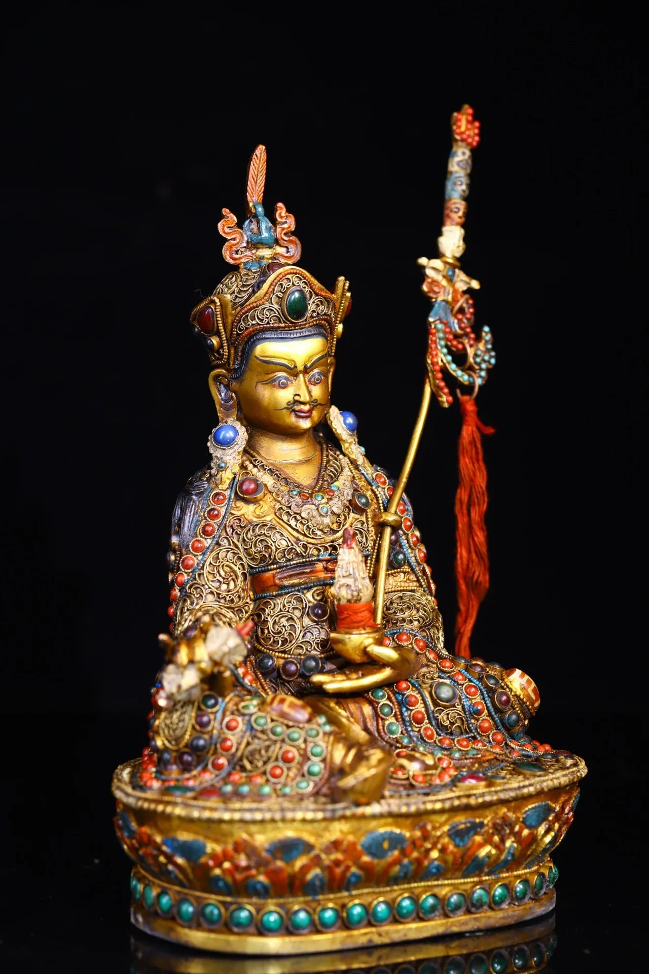 9"Tibetan Temple Collection Old Tibetan silver Outline in gold Painted Mosaic Gem gZi Beads Padmasambhava Buddha Worship Hall