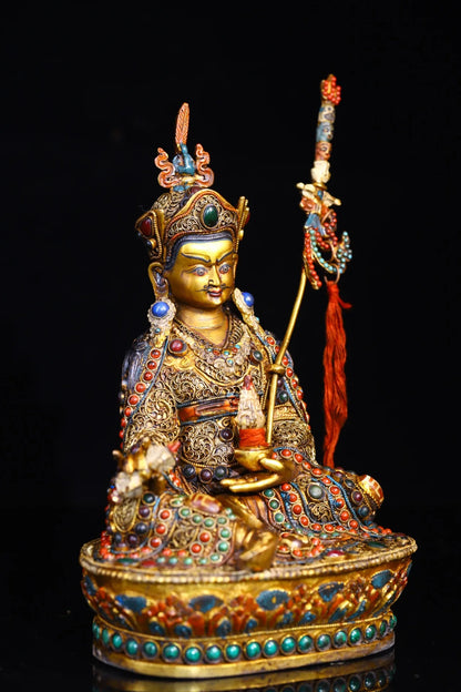 9"Tibetan Temple Collection Old Tibetan silver Outline in gold Painted Mosaic Gem gZi Beads Padmasambhava Buddha Worship Hall
