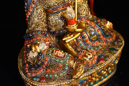 9"Tibetan Temple Collection Old Tibetan silver Outline in gold Painted Mosaic Gem gZi Beads Padmasambhava Buddha Worship Hall