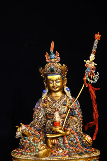 9"Tibetan Temple Collection Old Tibetan silver Outline in gold Painted Mosaic Gem gZi Beads Padmasambhava Buddha Worship Hall