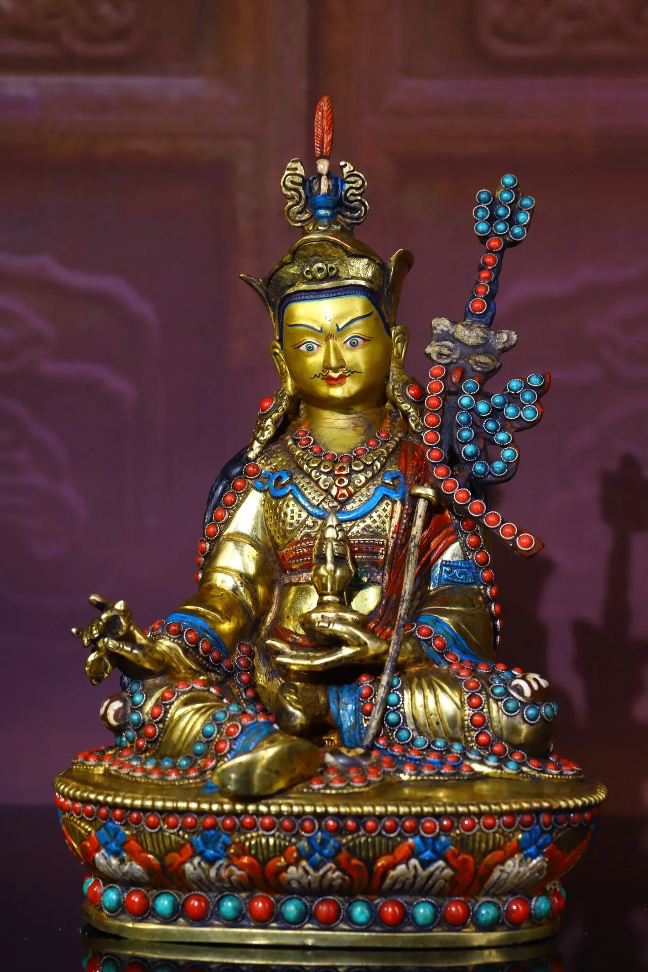 9"Tibetan Temple Collection Old Tibetan silver Outline in gold mosaic Gem Padmasambhava Lotus Terrace Worship Hall Town house