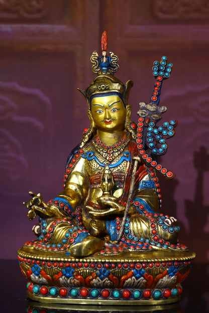 9"Tibetan Temple Collection Old Tibetan silver Outline in gold mosaic Gem Padmasambhava Lotus Terrace Worship Hall Town house