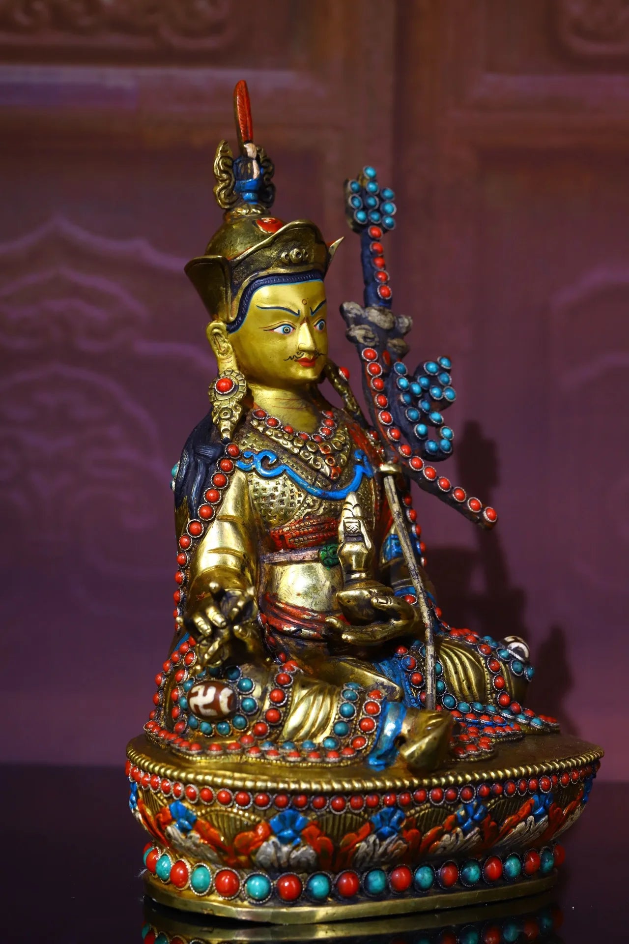 9"Tibetan Temple Collection Old Tibetan silver Outline in gold mosaic Gem Padmasambhava Lotus Terrace Worship Hall Town house