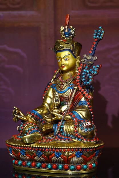 9"Tibetan Temple Collection Old Tibetan silver Outline in gold mosaic Gem Padmasambhava Lotus Terrace Worship Hall Town house