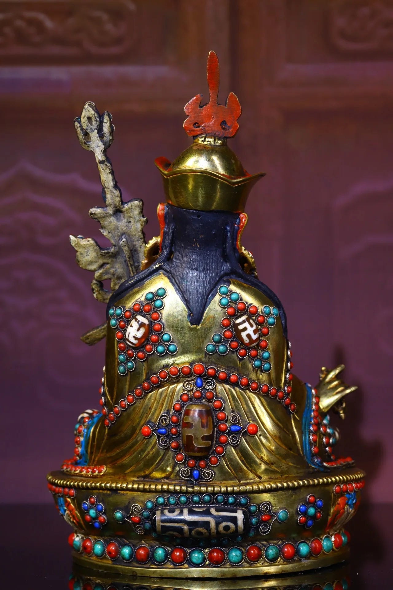 9"Tibetan Temple Collection Old Tibetan silver Outline in gold mosaic Gem Padmasambhava Lotus Terrace Worship Hall Town house