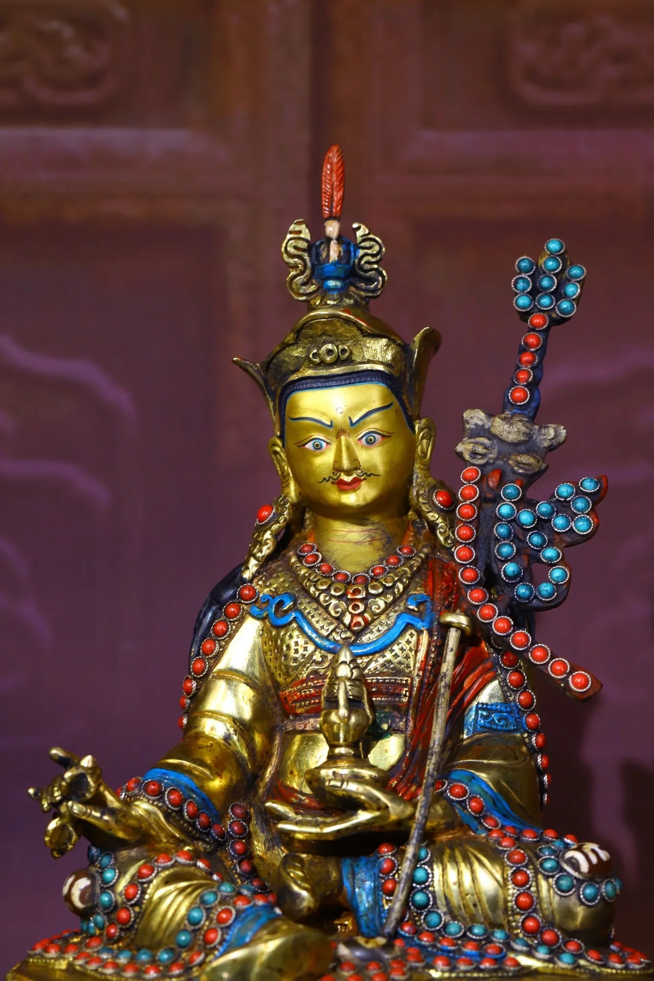 9"Tibetan Temple Collection Old Tibetan silver Outline in gold mosaic Gem Padmasambhava Lotus Terrace Worship Hall Town house