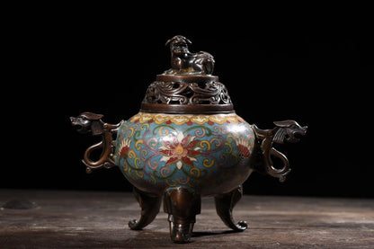 9"Tibetan Temple Collection Purple Bronze Cloisonne lion dragon ear animal head three-legged incense burner Gather fortune