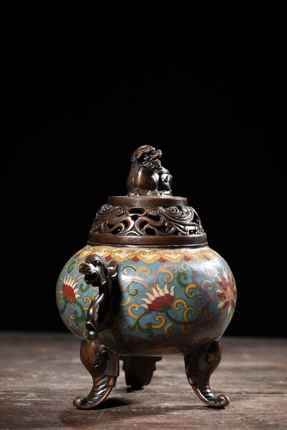 9"Tibetan Temple Collection Purple Bronze Cloisonne lion dragon ear animal head three-legged incense burner Gather fortune