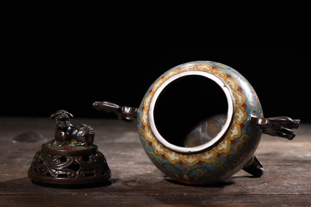 9"Tibetan Temple Collection Purple Bronze Cloisonne lion dragon ear animal head three-legged incense burner Gather fortune