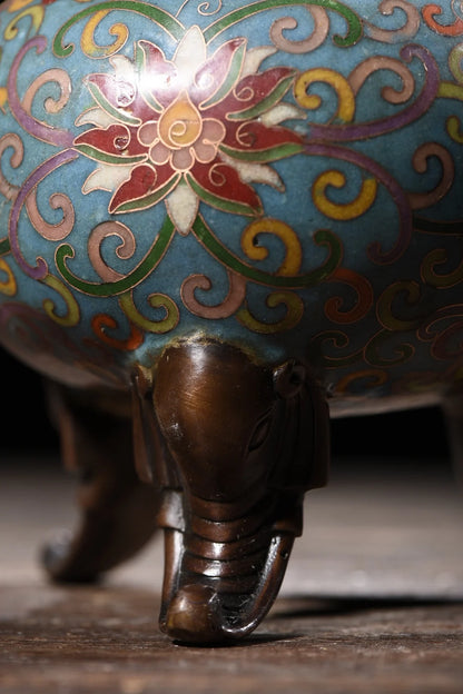 9"Tibetan Temple Collection Purple Bronze Cloisonne lion dragon ear animal head three-legged incense burner Gather fortune