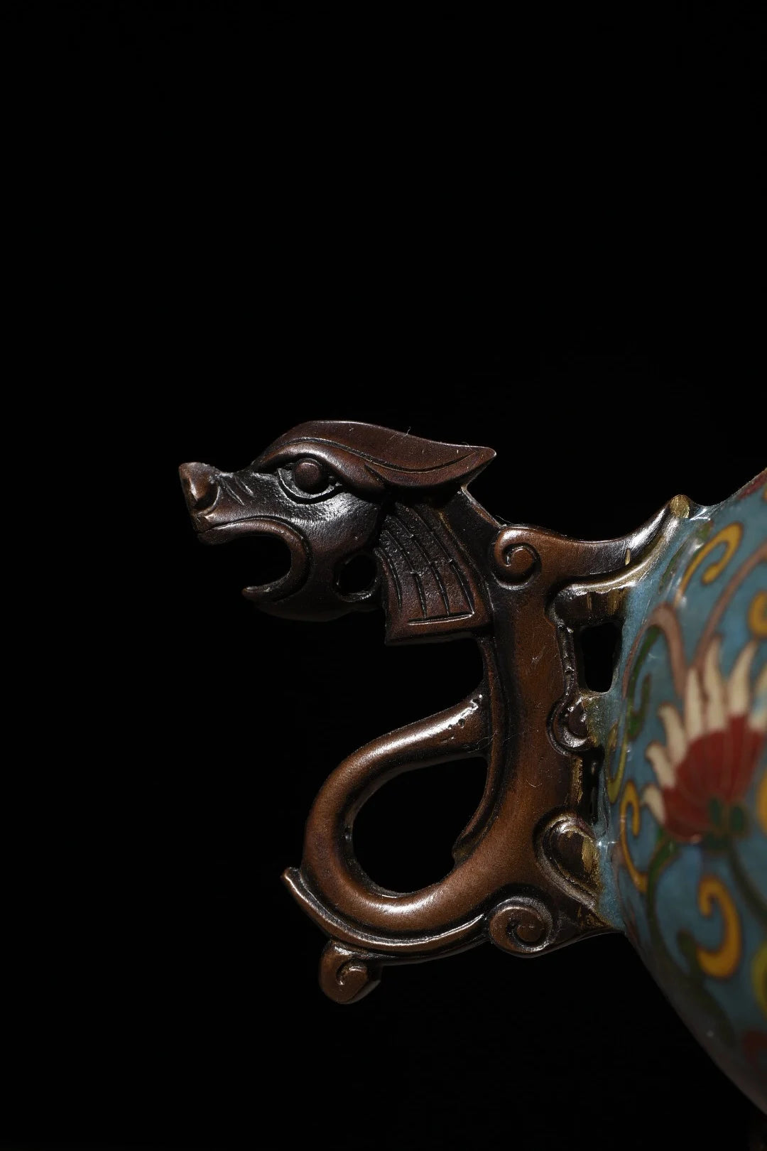 9"Tibetan Temple Collection Purple Bronze Cloisonne lion dragon ear animal head three-legged incense burner Gather fortune