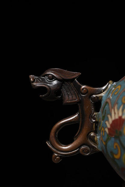 9"Tibetan Temple Collection Purple Bronze Cloisonne lion dragon ear animal head three-legged incense burner Gather fortune
