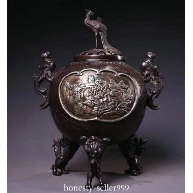 9'' Old Marked Bronze Miao Silver Phoenix Phenix Peony Incense Burner Censer