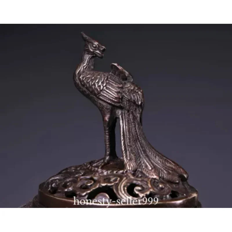 9'' Old Marked Bronze Miao Silver Phoenix Phenix Peony Incense Burner Censer