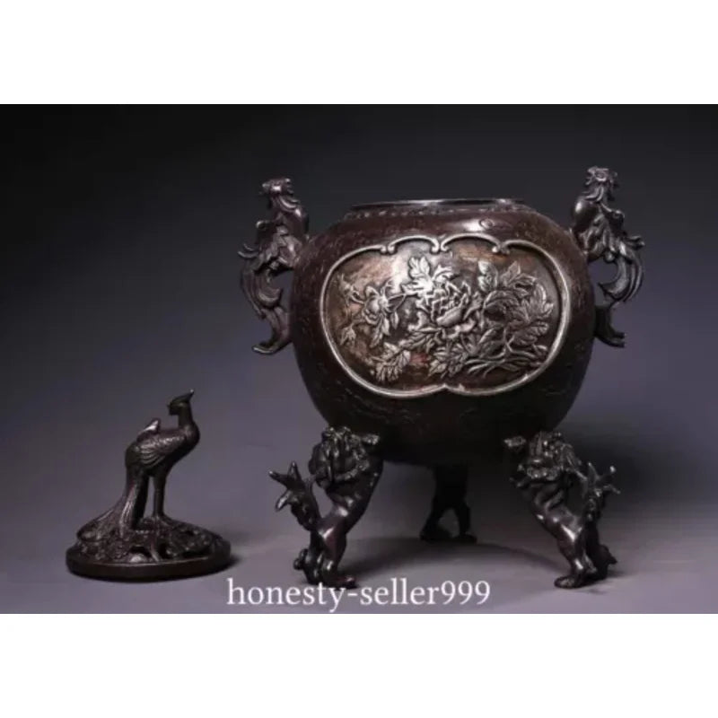 9'' Old Marked Bronze Miao Silver Phoenix Phenix Peony Incense Burner Censer