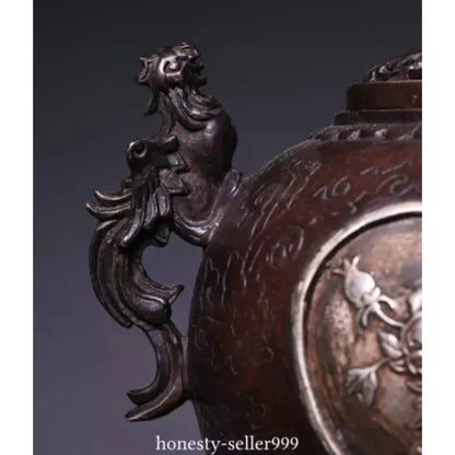9'' Old Marked Bronze Miao Silver Phoenix Phenix Peony Incense Burner Censer