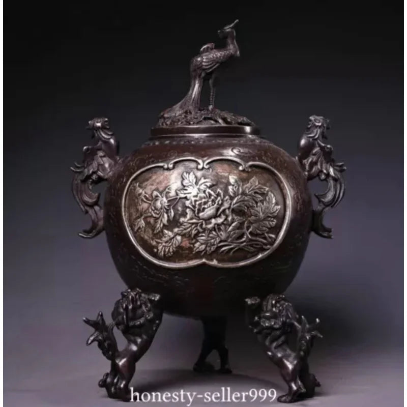 9'' Old Marked Bronze Miao Silver Phoenix Phenix Peony Incense Burner Censer