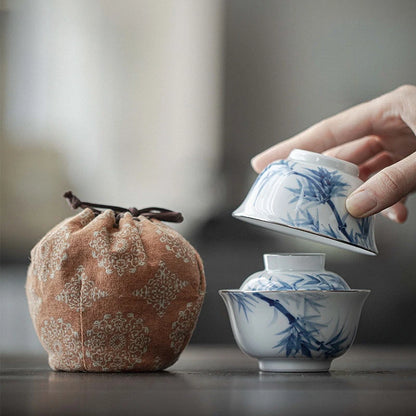 90ml Antique Hand-painted Bamboo Ceramic Teaset Blue and White Cover Bowl 1 Bowl 1 Cup with Storage Bag Outdoor Travel Small Set