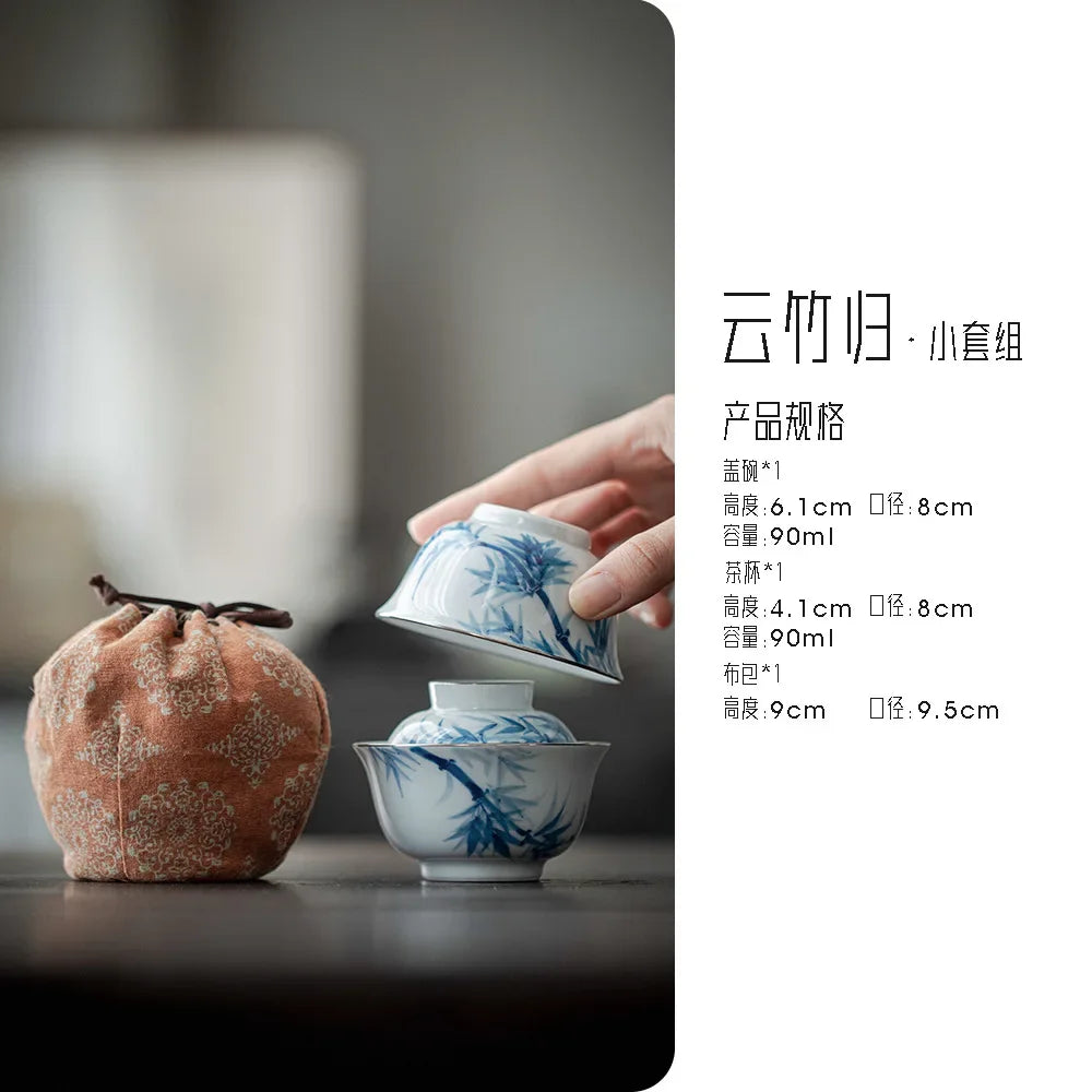 90ml Antique Hand-painted Bamboo Ceramic Teaset Blue and White Cover Bowl 1 Bowl 1 Cup with Storage Bag Outdoor Travel Small Set