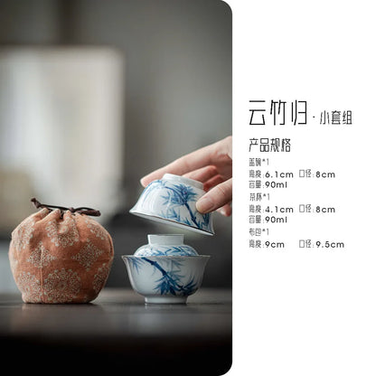 90ml Antique Hand-painted Bamboo Ceramic Teaset Blue and White Cover Bowl 1 Bowl 1 Cup with Storage Bag Outdoor Travel Small Set