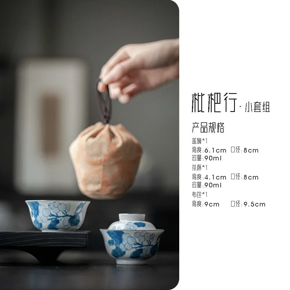 90ml Antique Hand-painted Bamboo Ceramic Teaset Blue and White Cover Bowl 1 Bowl 1 Cup with Storage Bag Outdoor Travel Small Set