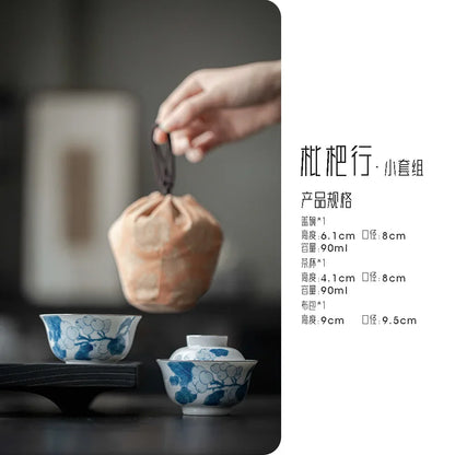 90ml Antique Hand-painted Bamboo Ceramic Teaset Blue and White Cover Bowl 1 Bowl 1 Cup with Storage Bag Outdoor Travel Small Set