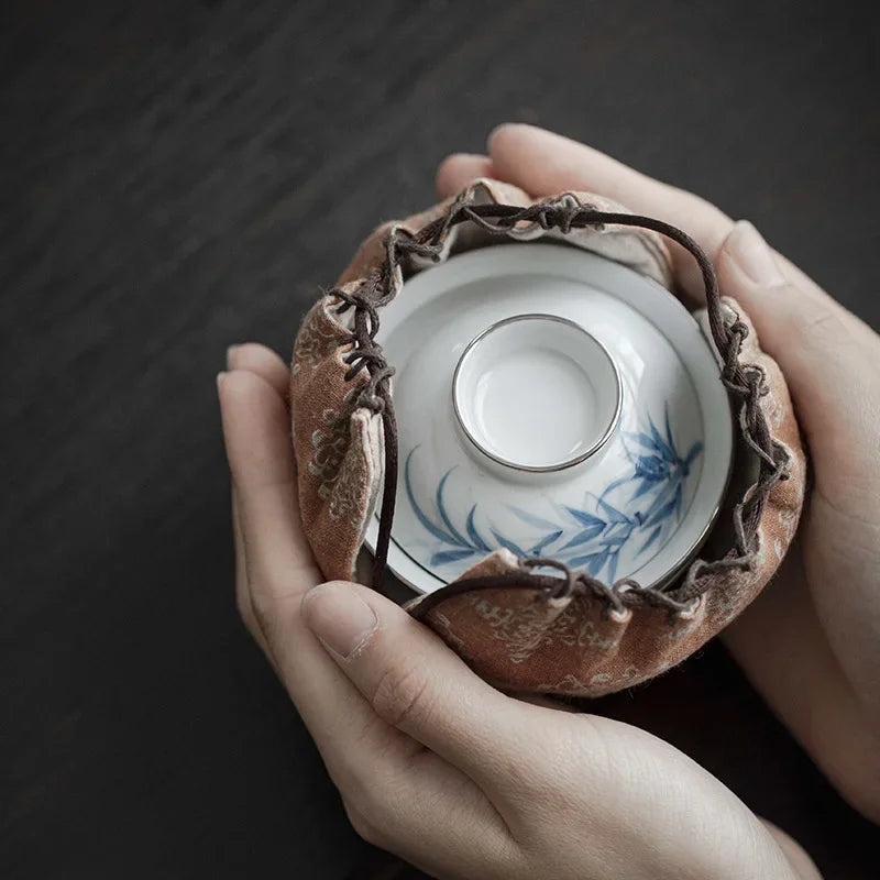 90ml Antique Hand-painted Bamboo Ceramic Teaset Blue and White Cover Bowl 1 Bowl 1 Cup with Storage Bag Outdoor Travel Small Set