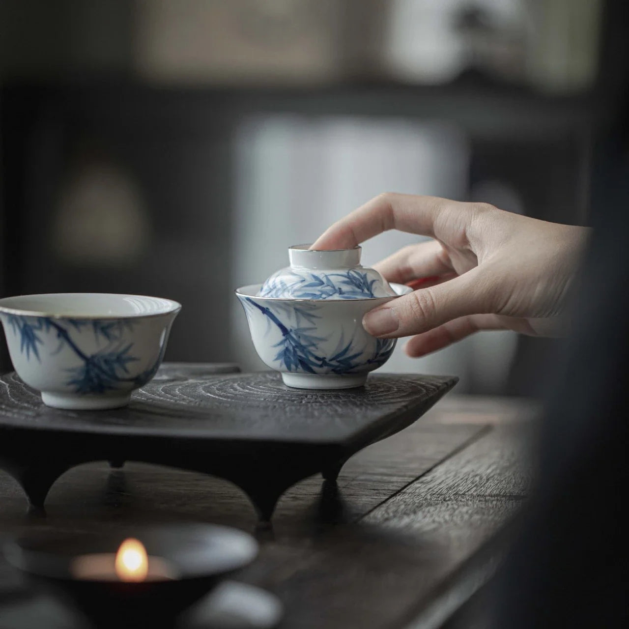 90ml Antique Hand-painted Bamboo Ceramic Teaset Blue and White Cover Bowl 1 Bowl 1 Cup with Storage Bag Outdoor Travel Small Set