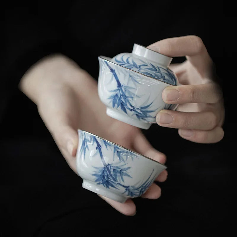 90ml Antique Hand-painted Bamboo Ceramic Teaset Blue and White Cover Bowl 1 Bowl 1 Cup with Storage Bag Outdoor Travel Small Set